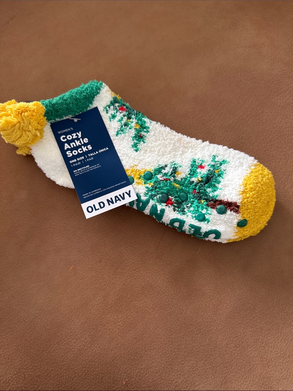 Old Navy White, Green & Yellow Cozy Ankle Socks with Pom